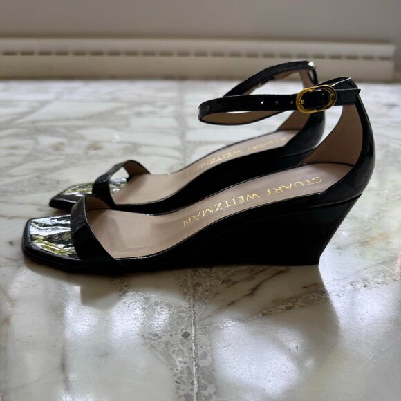 Stuart Weitzman Womens Nudist Curve Heel Black Patent Leather Wedge Size 6.5 NEW - Picture 5 of 9